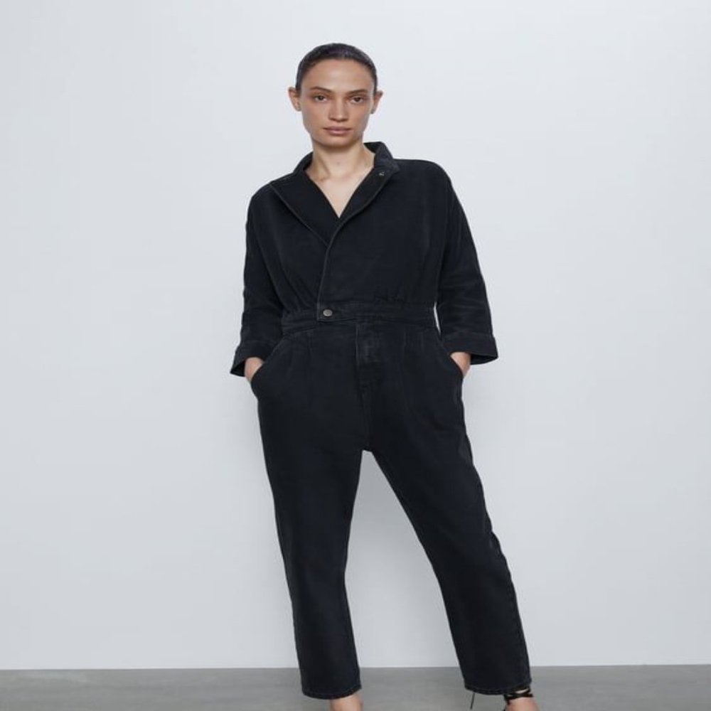 Black Denim Lapel collar jumpsuit